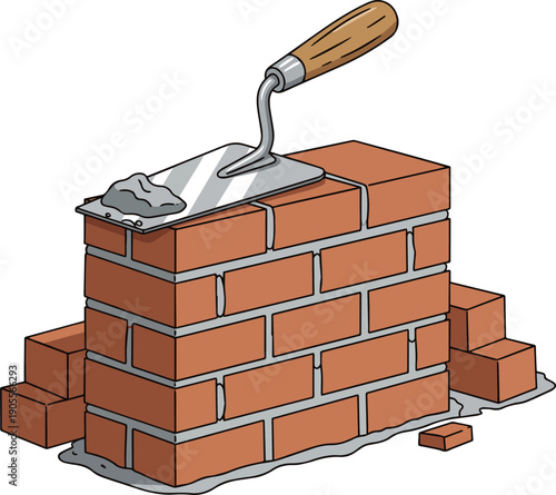 Create a realistic Trowel and bricks wall construction vector art with white background..