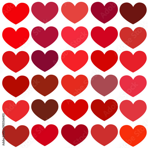 A poster featuring small red hearts in various shades. Mini heart icons in all shades of red on a white background, hand-drawn.