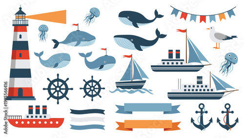 Large collection of nautical themed illustrations including a lighthouse, ships, whales, and anchors for maritime designs and art.