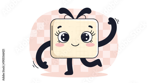 Cute character illustration of a rectangular toast or box with a happy face, arms, and legs dancing on a pink background.