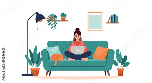 A young woman works from home on her laptop, sitting comfortably on a cozy couch with her sleeping cat, surrounded by plants and modern home decor.