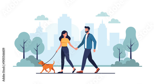 A happy couple enjoys a leisurely walk with their dog in a vibrant city park, holding hands and sharing a special moment outdoors.