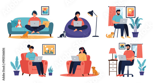 Diverse group of individuals working remotely from the comfort of their homes, showcasing various flexible setups with laptops and pets.
