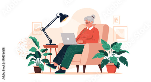 Elderly woman with glasses comfortably uses her laptop on an armchair in a cozy home environment with houseplants and a desk lamp.