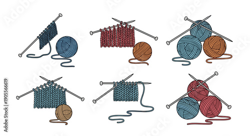 An illustration showing the process of knitting with yarn balls and needles in various stages and arrangements.