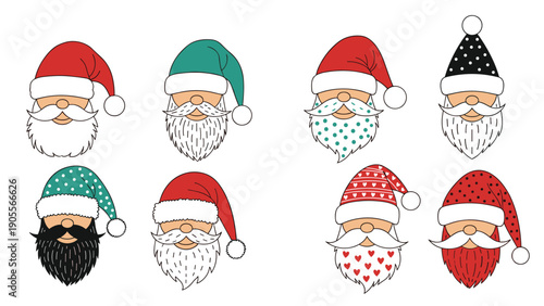 Set of varied Santa Claus faces featuring different hat colors and beard patterns, ideal for festive Christmas decorations and holiday cards.
