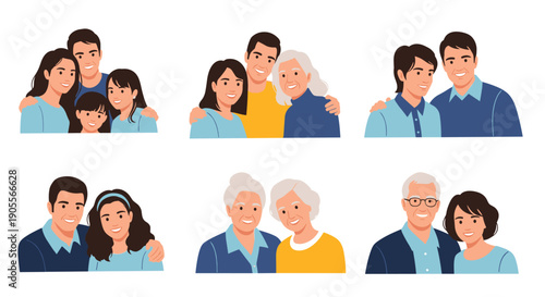 Illustrations depicting various happy family groups across different generations, showcasing love, togetherness, and diverse relationships.