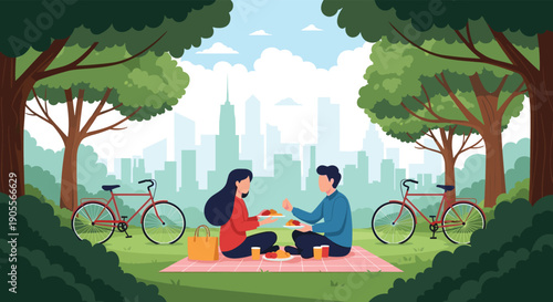 A young couple enjoys a delightful picnic in a lush park, with bicycles nearby and a bustling city skyline in the background.
