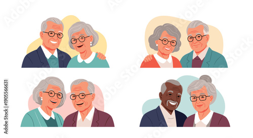 Happy senior couples of various ethnicities smiling and embracing, depicting love and companionship in their golden years.
