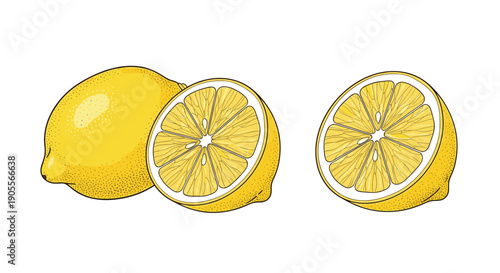 A vibrant illustration featuring two whole yellow lemons alongside a perfectly halved lemon, showcasing its juicy interior.