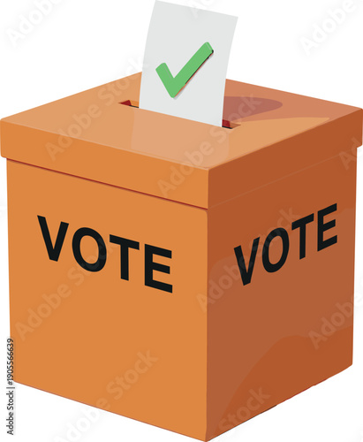 Orange ballot box with a paper ballot being cast and a green checkmark icon for elections democratic voting and civic engagement concepts.