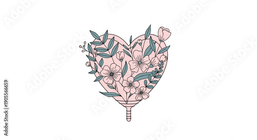 Stylized heart-shaped menstrual cup adorned with delicate pink flowers and green leaves, symbolizing feminine health, wellness, and nature.