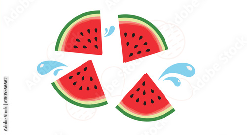 Four refreshing watermelon slices arranged in a circular pattern with water splashes, conveying a juicy and sweet summer treat.