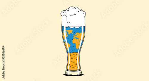 A refreshing pint of beer creatively illustrates the globe with continents and oceans, symbolizing worldwide unity, international drinks, or travel experiences.