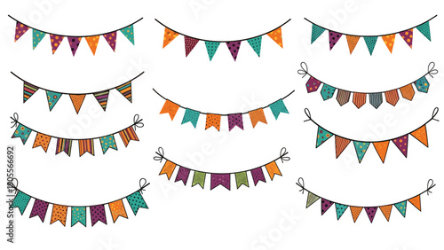 Decorative party buntings in various patterns and colors including stripes and polka dots, perfect for celebration and event invitation designs.