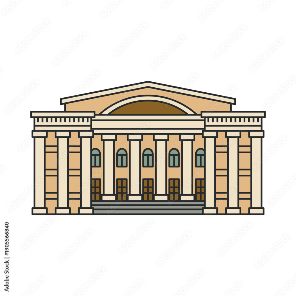 Fototapeta premium Classical building with columned facade and central entrance. Illustration. Object isolated on white background. Architecture, history, tourism.