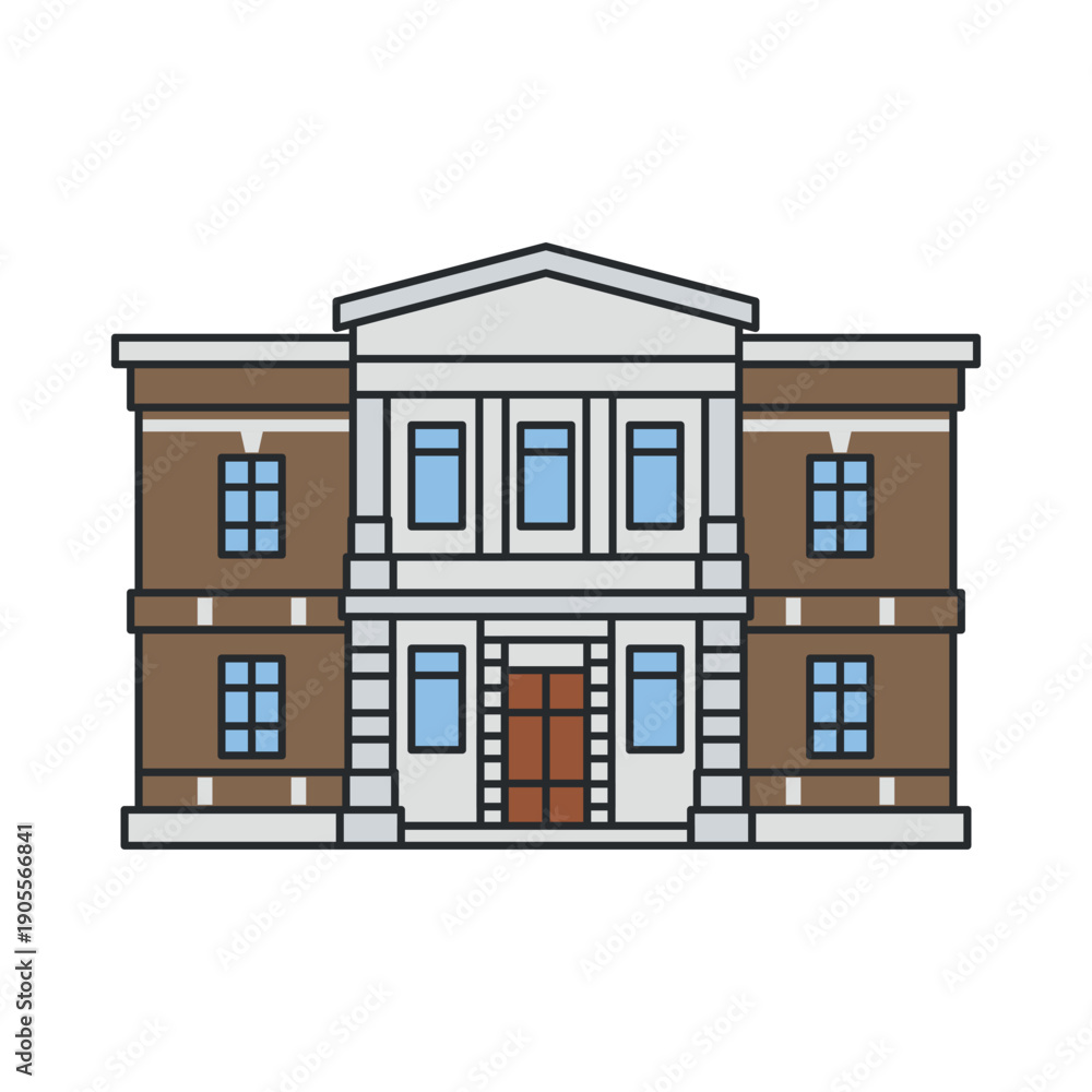 Fototapeta premium Classical administrative building with symmetrical facade and central entrance. Object isolated on white background. City architecture.