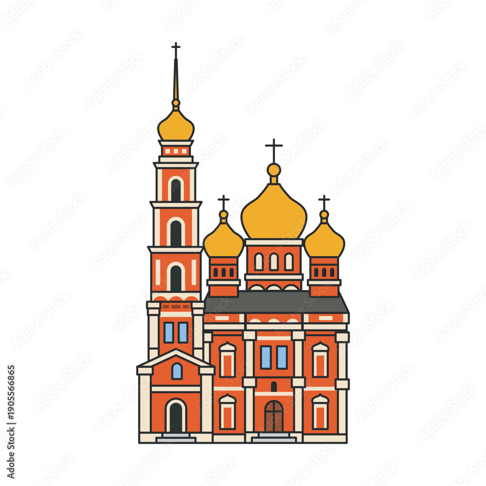 Obraz premium Orthodox church with bell tower and golden onion domes. Illustration. Object isolated on white background. Religious architecture, city landmark.