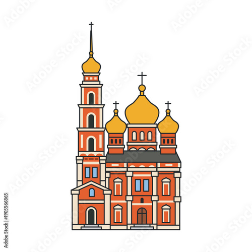 Orthodox church with bell tower and golden onion domes. Illustration. Object isolated on white background. Religious architecture, city landmark.