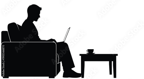 A man sits comfortably in an armchair working on a laptop with a cup nearby silhouette high quality professional detailed modern