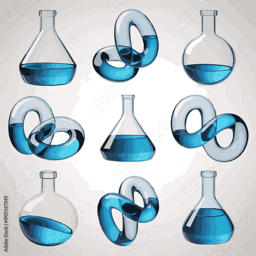 Create a kinds of deferent Klein Bottle with blue liquid 3d rendering vector art with white background..