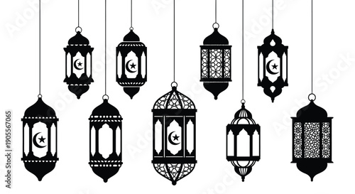 A collection of intricately designed hanging lanterns showcasing traditional islamic motifs presented as a striking silhouette high quality professional detailed modern elegant