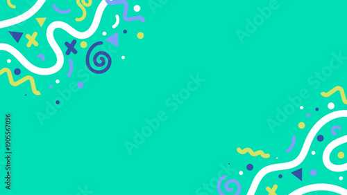 Abstract vector background featuring colorful confetti and curved decorative shapes placed in opposite corners on a green background. Flat design suitable for celebration and decorative layouts.