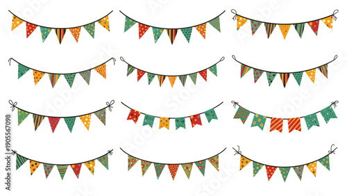 Selection of colorful festive buntings and flag garlands with diverse patterns, suitable for birthday parties, festivals, and celebratory designs.