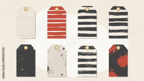 Collection of vintage style gift tags with distressed textures, paint splatters, and striped patterns in muted red, black, and beige colors.