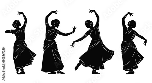 A striking depiction of four bharatanatyam dancers in dynamic poses presented as a bold silhouette high quality professional detailed modern elegant stylish