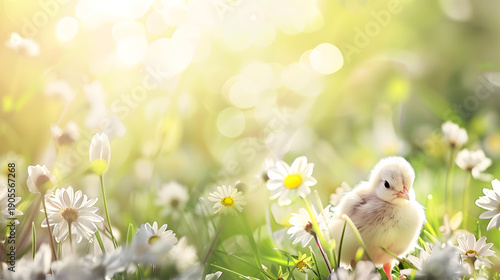 Easter chicks in the grass blurred green background 