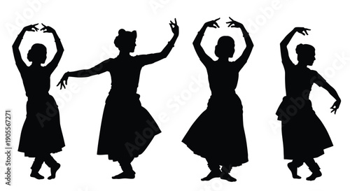 Four female dancers depicted in traditional poses showcasing cultural artistry as a striking silhouette high quality professional detailed modern elegant stylish clean