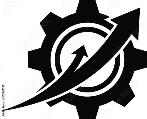 Black gear icon with arrows indicating progress and growth in a clockwise direction