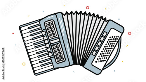 Stylized illustration of a musical accordion with blue accents and colorful confetti elements, suitable for folk music and festival-themed art.