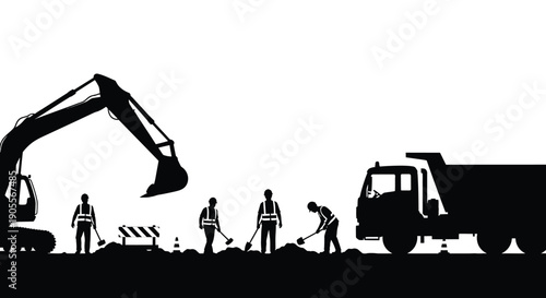 Construction scene depicting workers machinery and a landscape in a stark black silhouette high quality professional detailed modern elegant stylish clean crisp