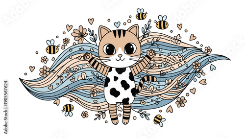 Whimsical cat illustration surrounded by flying bees, flowers, and flowing blue patterns, ideal for playful and imaginative storybook designs.