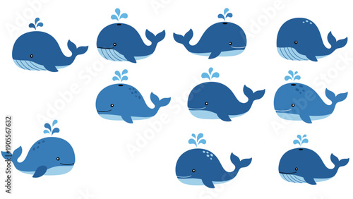 Collection of different blue whale characters in various poses with water spouting from their blowholes, perfect for children-themed sea art.