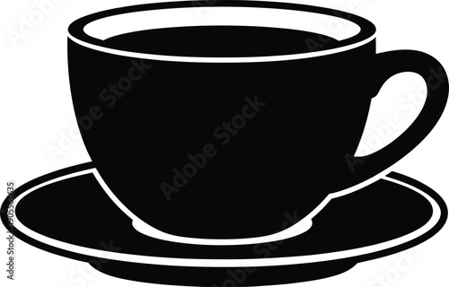 A black and white illustration of a cup of coffee on a saucer