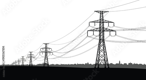 A stark monochromatic landscape depicts power lines and distant structures in a dramatic silhouette high quality professional detailed modern elegant stylish clean