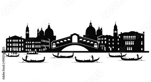 A striking black silhouette depicts venetian architecture gondolas and a bridge over water a captivating silhouette high quality professional detailed modern