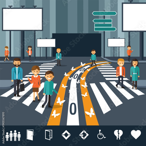 People crossing a pedestrian street with butterflies and number zero, abstract urban scene