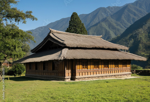 Thatched bungalow in rural Bhutan, Himalaya