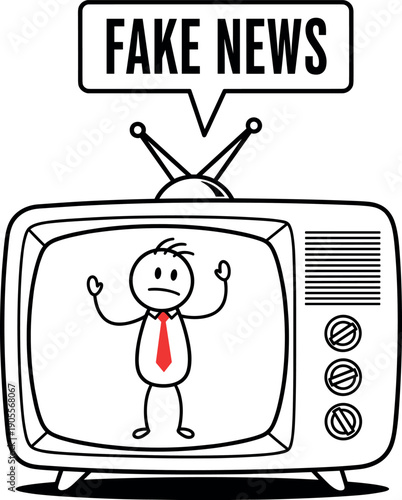 Retro television set broadcasting fake news with a stick figure news anchor character for social media misinformation and media literacy concepts.