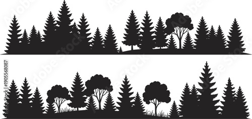 Black silhouette vector illustration of diverse forest trees in horizontal rows, featuring coniferous and deciduous shapes, perfect for nature design, landscapes, and creative artwork.