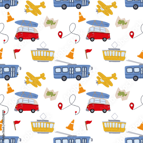 Seamless kids transport pattern with trolleybus camper van and travel icons