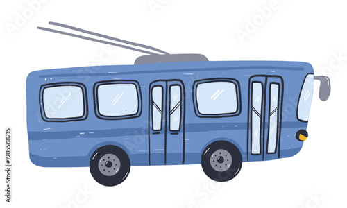 Blue city trolleybus in childlike hand drawn style for kids transport illustration