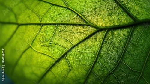 Extreme close up of a green leaf backlit by the sun, showing intricate vein structure like a map, vibrant green, translucent texture