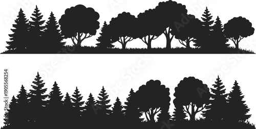 Black silhouette vector illustration of forest trees with coniferous and deciduous shapes, showcasing natural landscapes, perfect for nature design, creative backgrounds, and artistic projects.