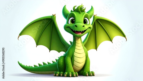 Smiling, bright green, cartoon dragon sitting with wings spread against a white gradient background