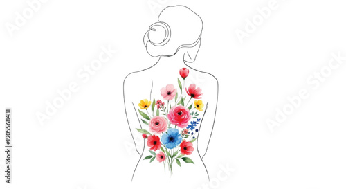 Female Silhouette with Watercolor Floral Bouquet Body Art Illustration, Women's Day